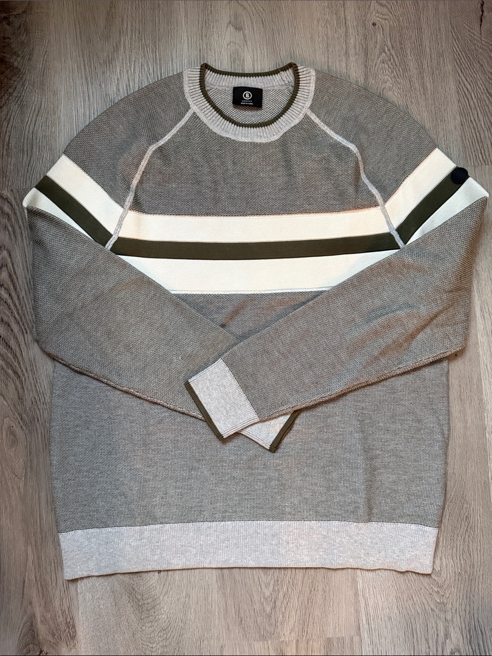 Bogner Gray Crewneck Sweater with White & Olive Stripes